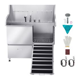 304 Stainless Steel Dog Washing Station, 50 Inch Pet Grooming Tub with Non-Slip Low-Slope Ramp, Storage Drawer, Hot & Cold Faucet