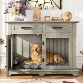44.48" Large Dog Crate Furniture, Indoor Wooden Dog Kennel End Table with 2 Storage Drawers and Rotating Bowls (Color: Gray)